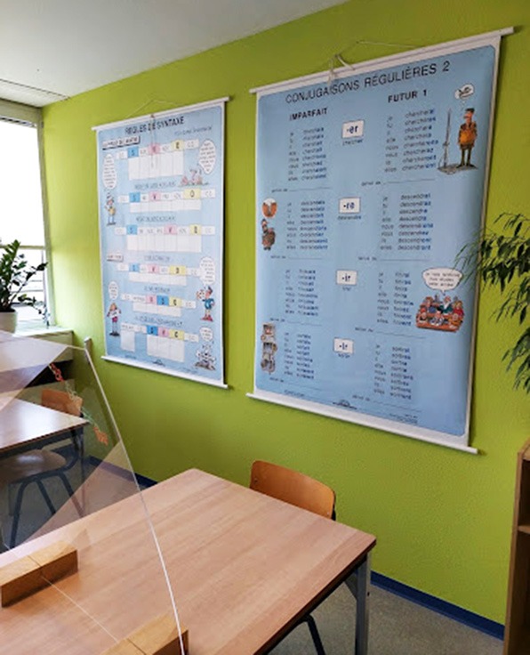 coronakonformer Unterrichtsraum mit Lehrbannern bei Schulfit Nachhilfe & Coaching